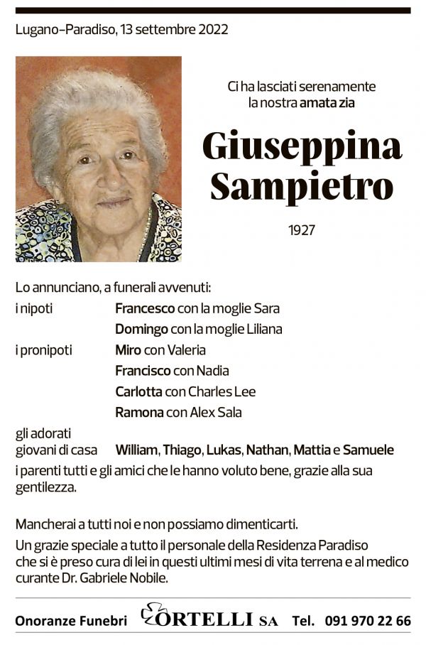 Annuncio funebre Giuseppina Sampietro