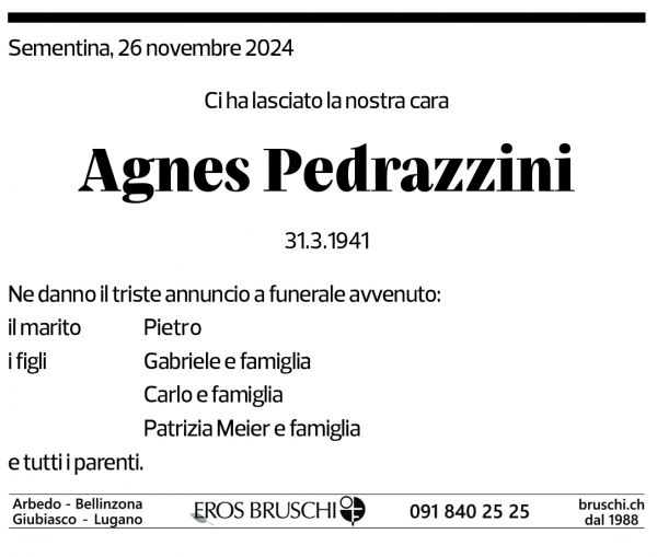 Annuncio funebre Agnes Pedrazzini