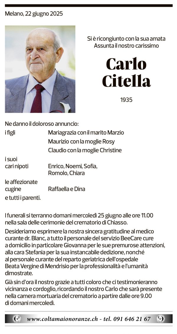 Annuncio funebre Carlo Citella