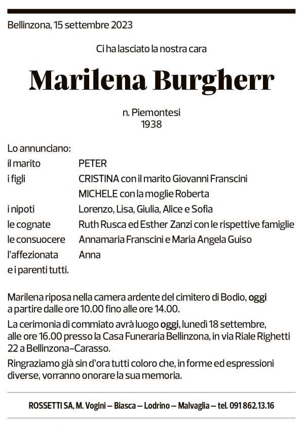 Annuncio funebre Marilena Burgherr