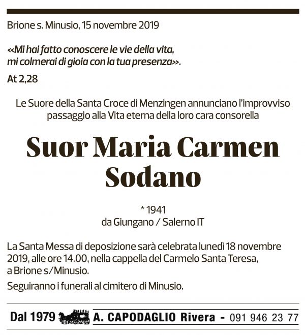 Annuncio funebre Suor Maria Carmen Sodano