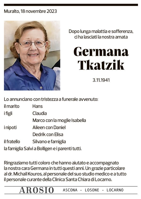 Annuncio funebre Germana Tkatzik