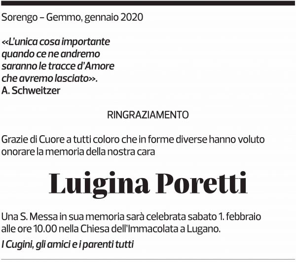 Annuncio funebre Luigina Poretti