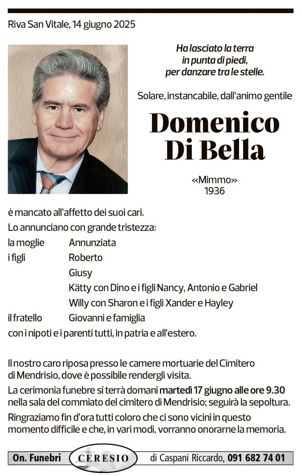 Annuncio funebre Domenico Di Bella