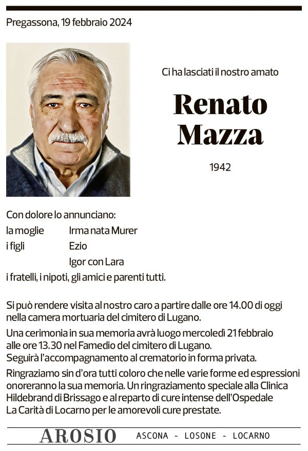 Annuncio funebre Renato Mazza