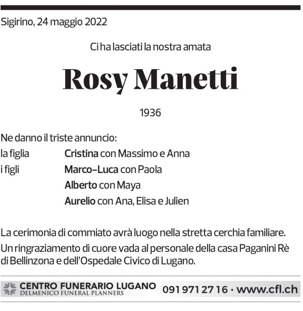 Annuncio funebre Rosy Manetti