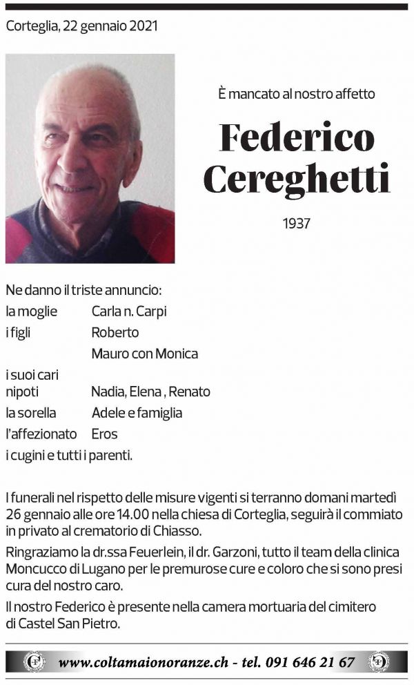 Annuncio funebre Federico Cereghetti