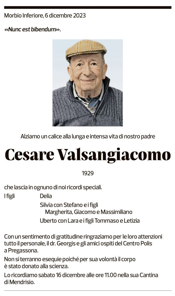 Annuncio funebre Cesare Valsangiacomo