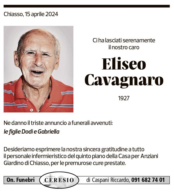 Annuncio funebre Eliseo Cavagnaro