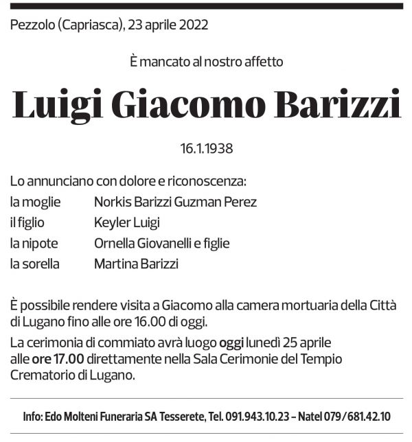 Annuncio funebre Luigi Giacomo Barizzi