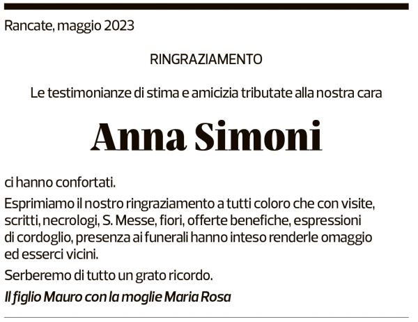 Annuncio funebre Anna Simoni