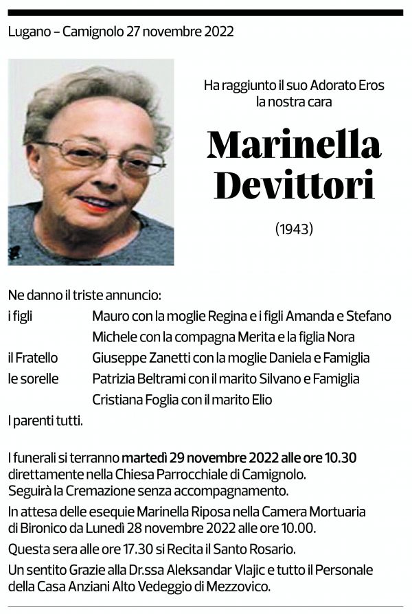 Annuncio funebre Marinella Devittori