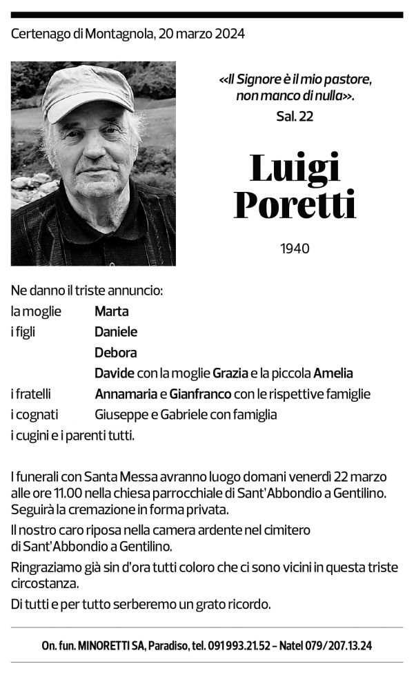 Annuncio funebre Luigi Poretti