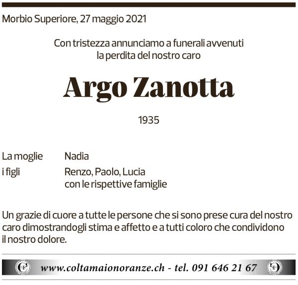 Annuncio funebre Argo Zanotta