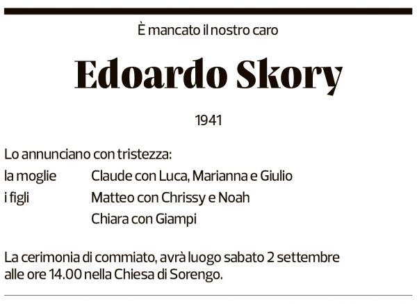 Annuncio funebre Edoardo Skory