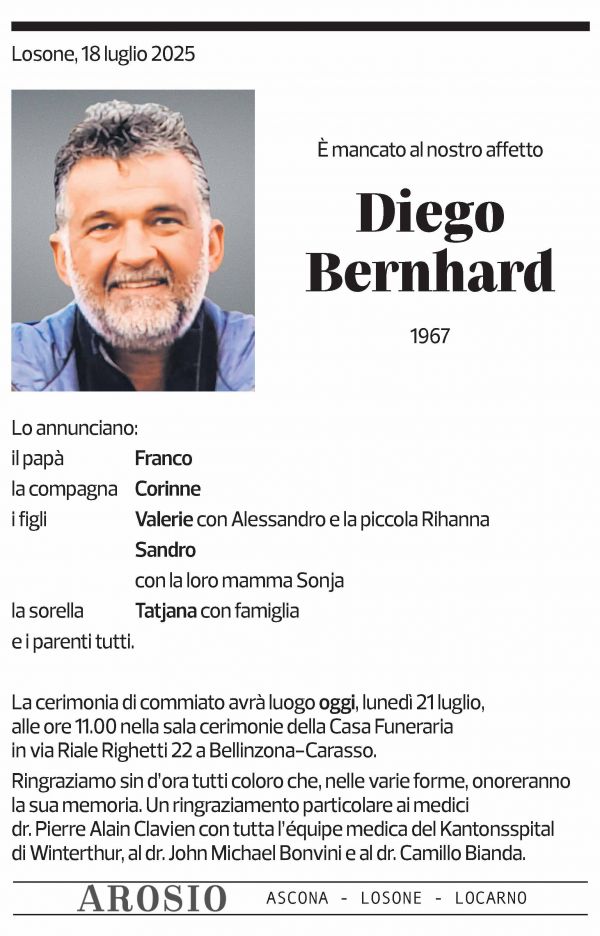 Annuncio funebre Diego Bernhard