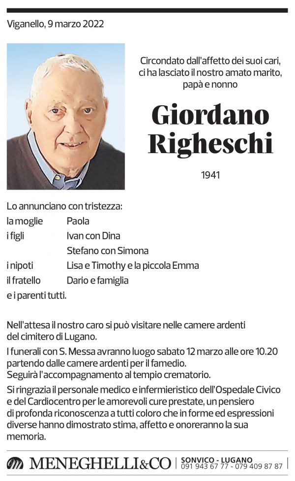 Annuncio funebre Giordano Righeschi