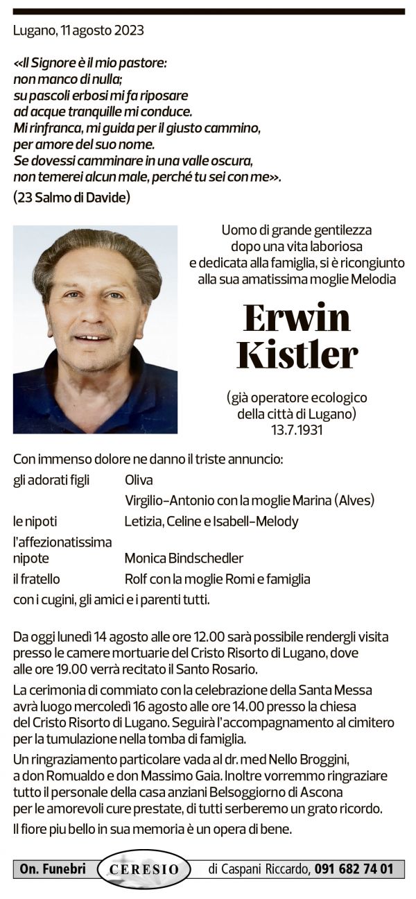 Annuncio funebre Erwin Kistler