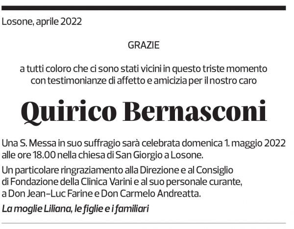 Annuncio funebre Quirico Bernasconi