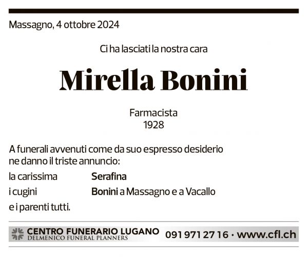 Annuncio funebre Mirella Bonini