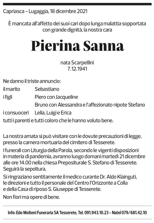 Annuncio funebre Pierina Sanna