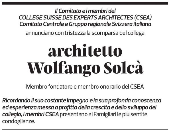 Annuncio funebre Wolfango Solcà