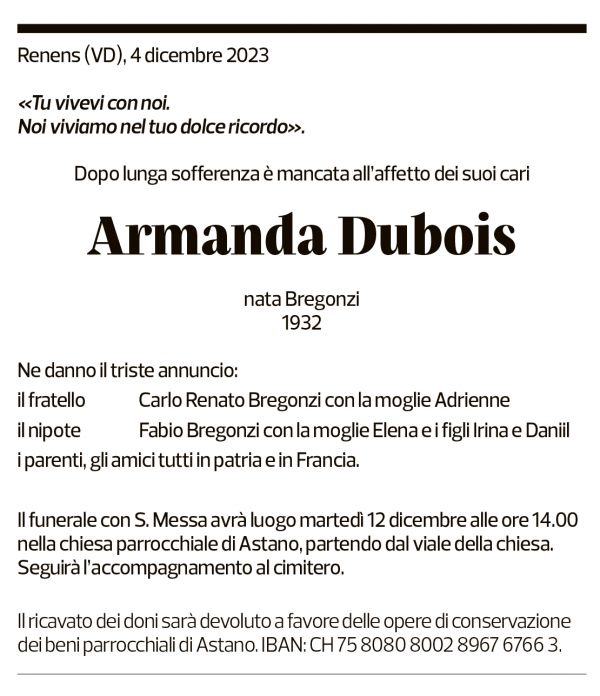 Annuncio funebre Armanda Dubois