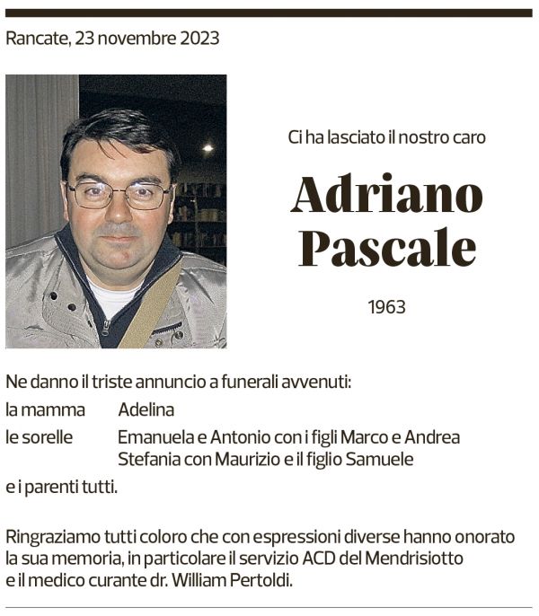 Annuncio funebre Adriano Pascale