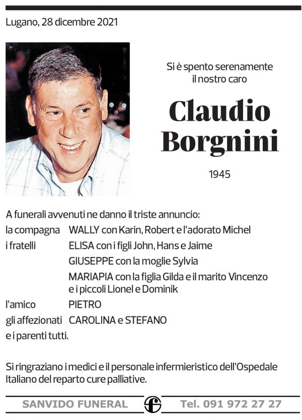 Annuncio funebre Claudio Borgnini