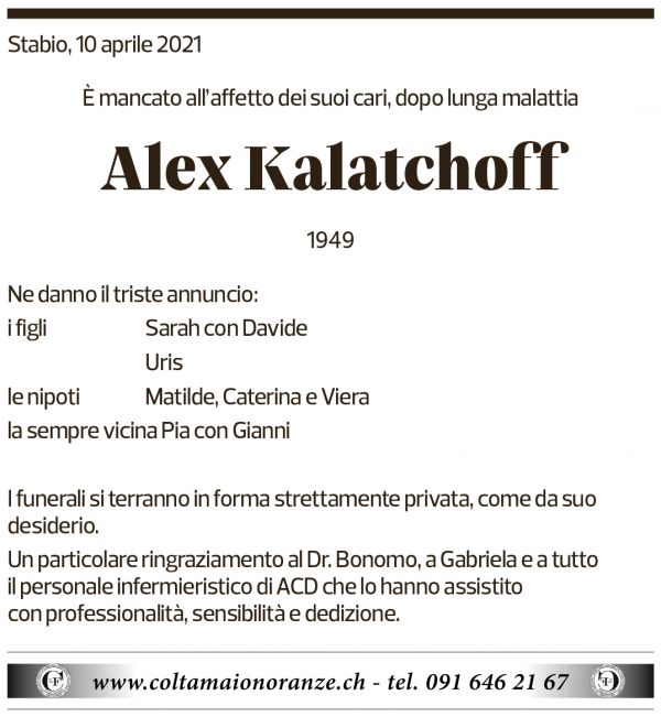 Annuncio funebre Alex Kalatchoff