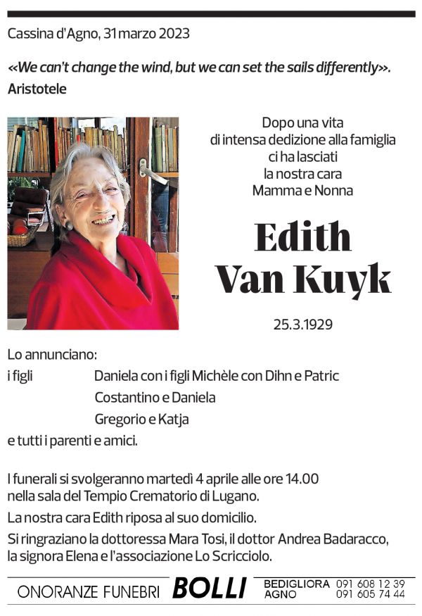 Annuncio funebre Edith Van Kuyk