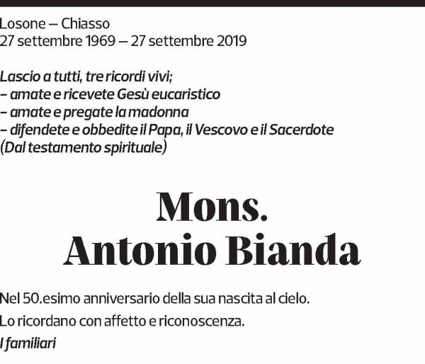 Annuncio funebre Mons. Antonio Bianda