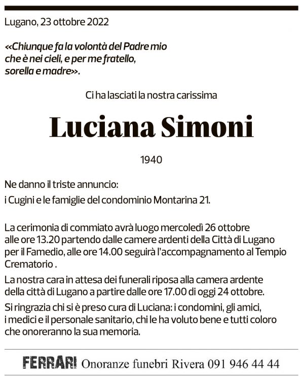 Annuncio funebre Luciana Simoni