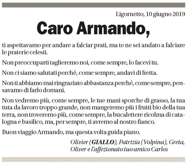 Annuncio funebre Armando Augustoni