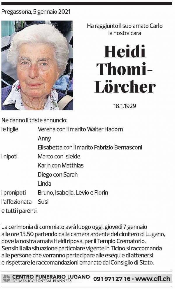 Annuncio funebre Heidi Thomi-lörcher