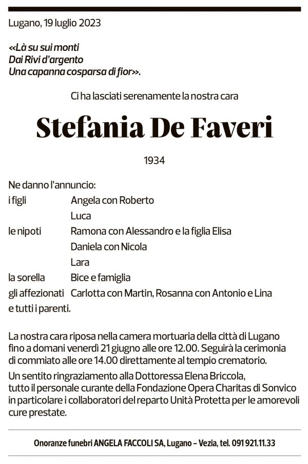 Annuncio funebre Stefania De Faveri