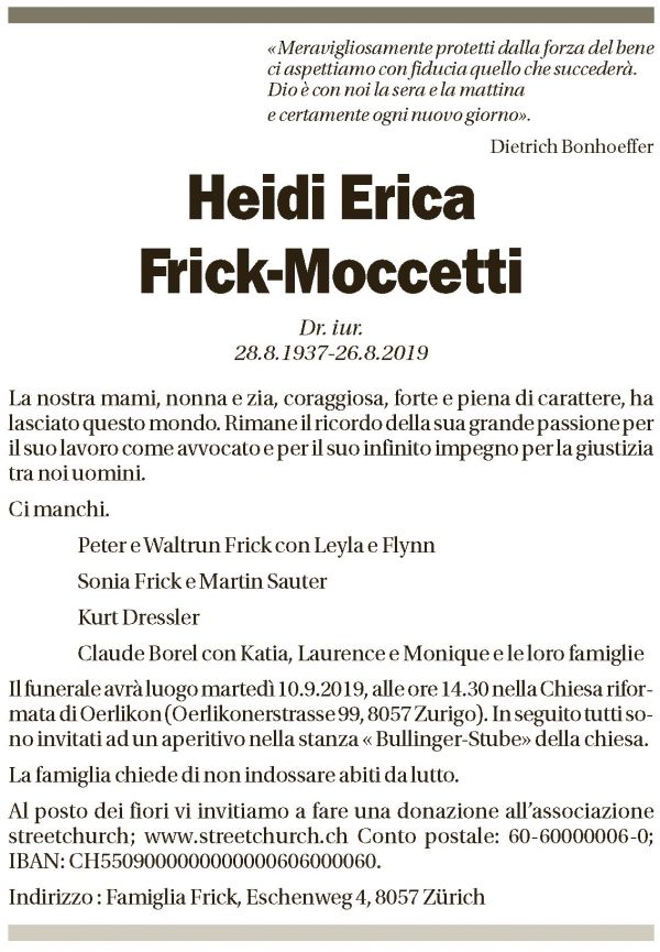Annuncio funebre Heidi Erica Frick-moccetti