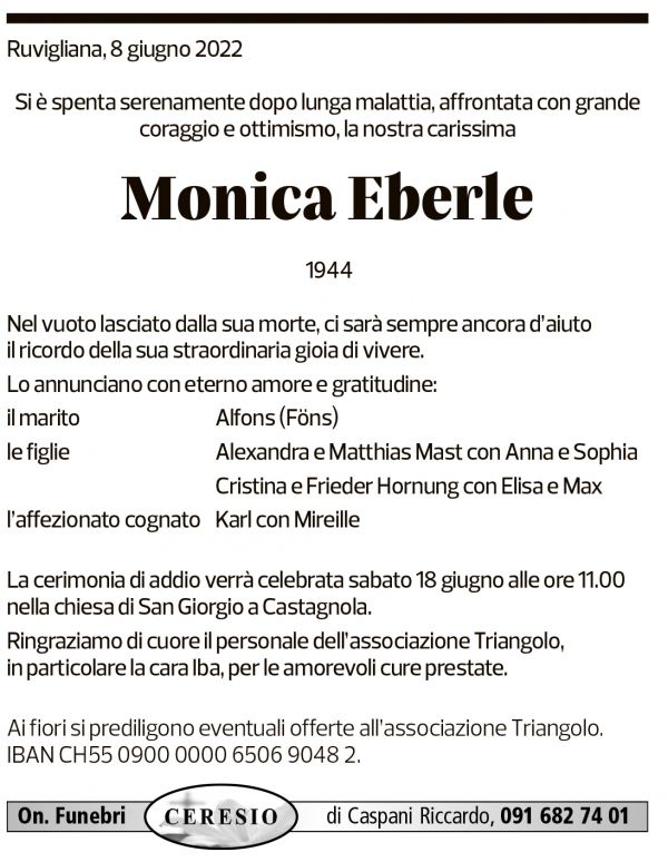 Annuncio funebre Monica Eberle