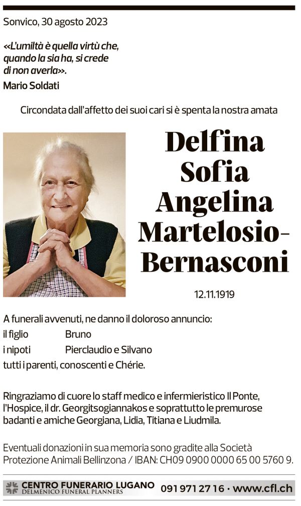 Annuncio funebre Delfina Sofia Angelina Martelosio-bernasconi