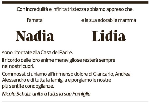 Annuncio funebre Nadia E Lidia Pagnamenta E Schärer