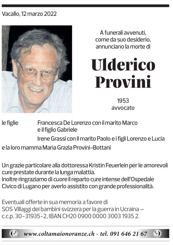 Annuncio funebre Ulderico Provini