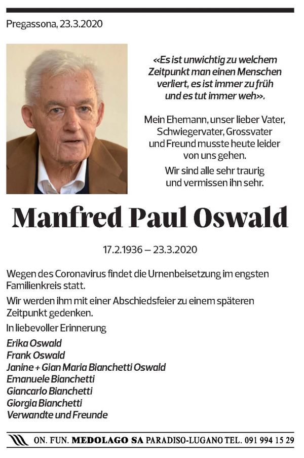 Annuncio funebre Manfred Paul Oswald
