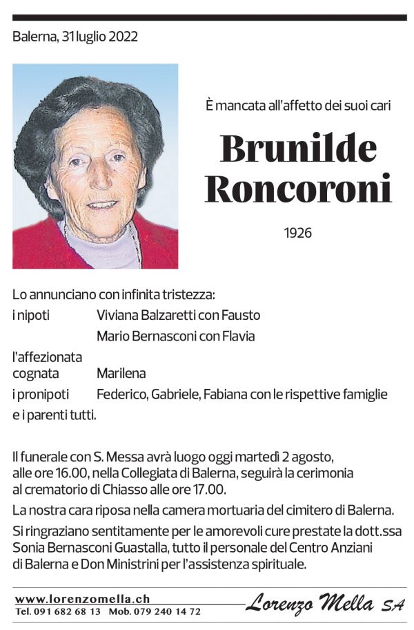 Annuncio funebre Brunilde Roncoroni