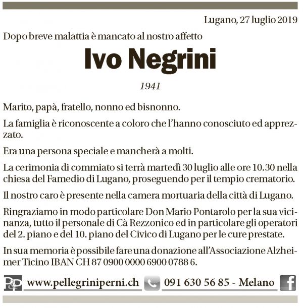 Annuncio funebre Ivo Negrini
