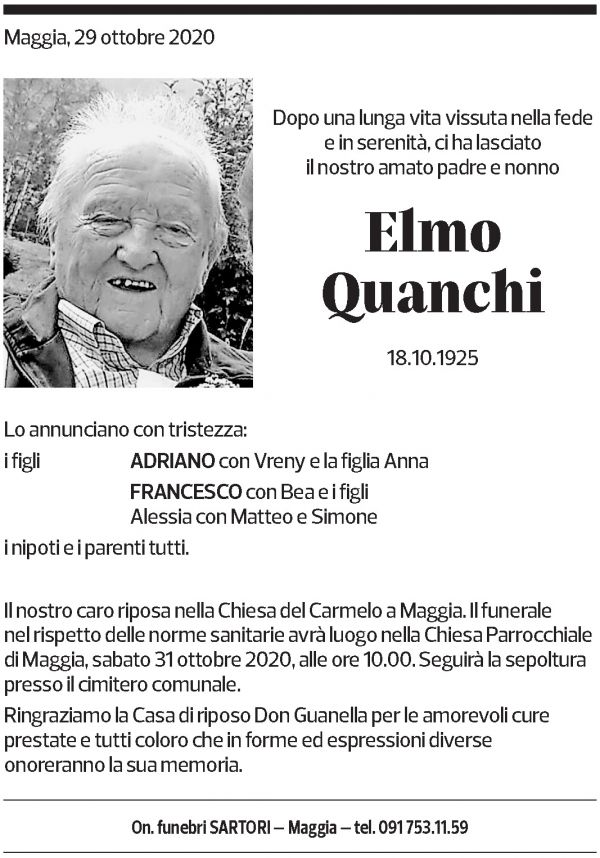 Annuncio funebre Elmo Quanchi