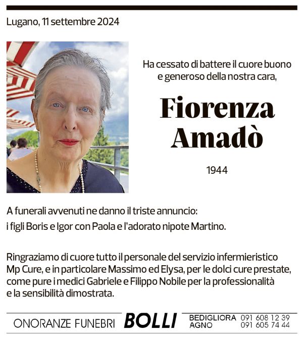 Annuncio funebre Fiorenza Amadò