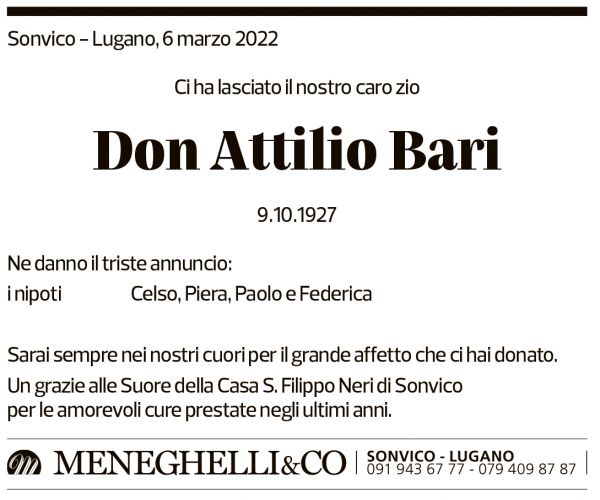 Annuncio funebre Don Attilio Bari