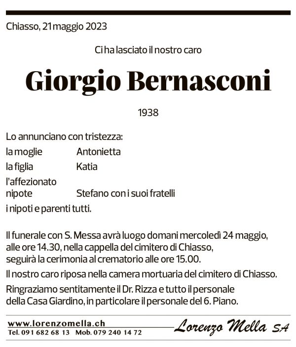 Annuncio funebre Giorgio Bernasconi