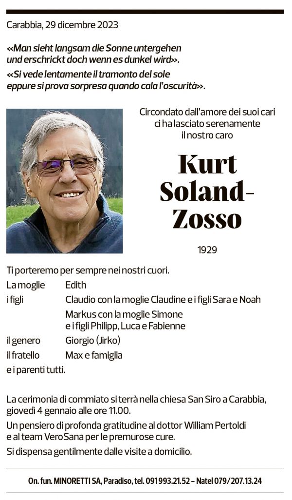 Annuncio funebre Kurt Soland-zosso