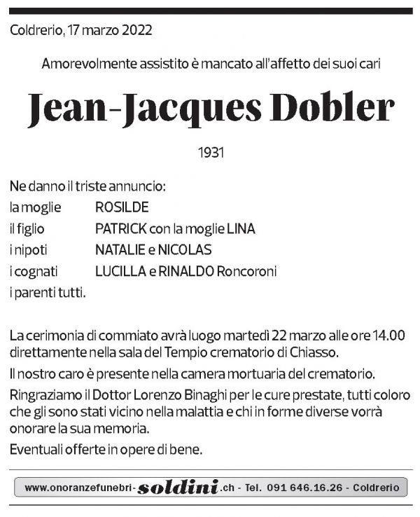 Annuncio funebre Jean-jacques Dobler